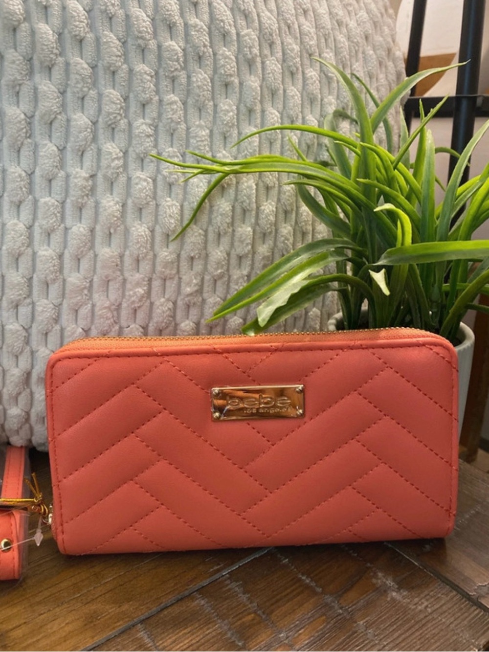 bebe Quilted Coral Zip-Around Wallet with Gold Logo